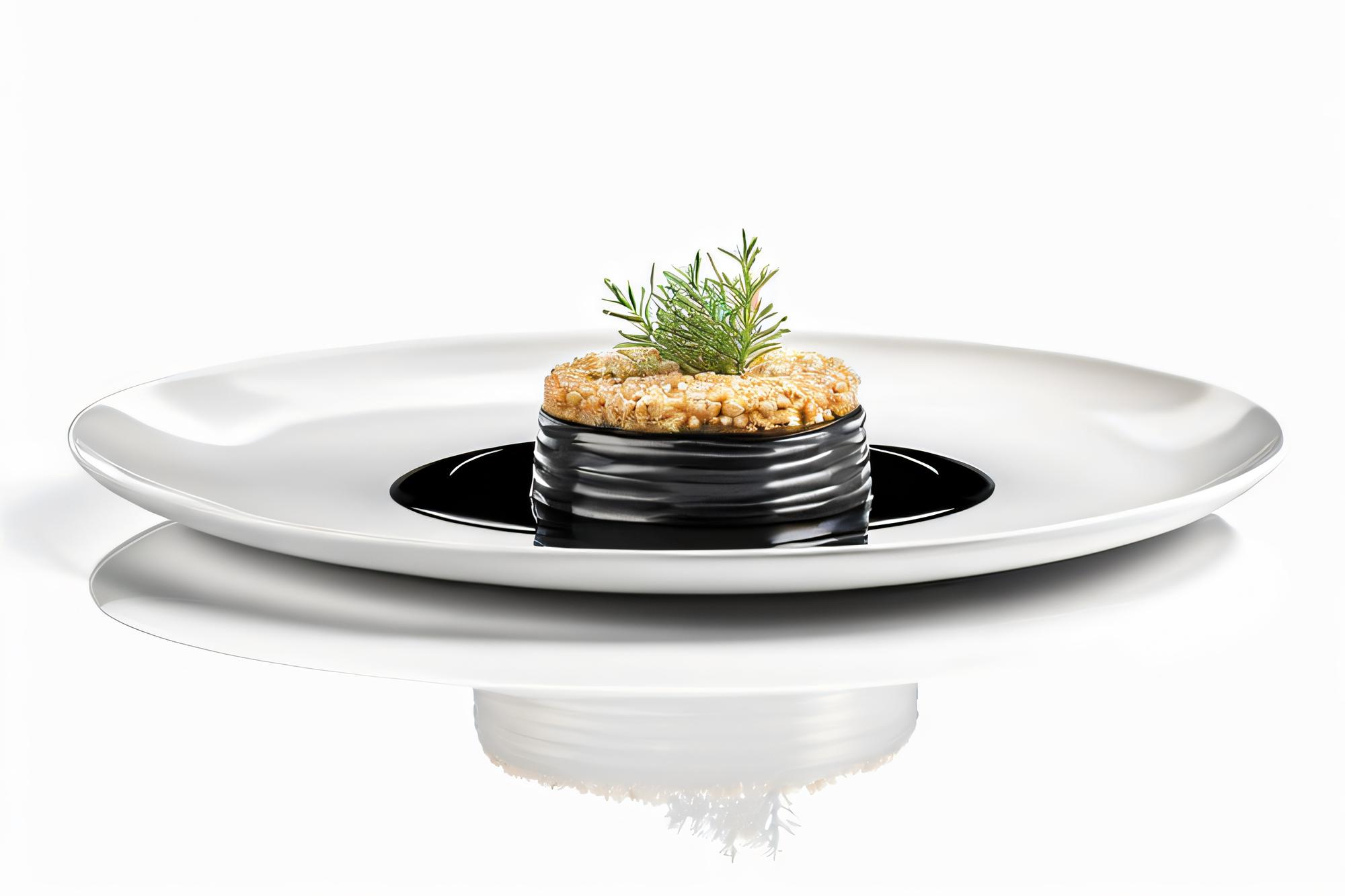 Chef presenting plated dish on wooden table